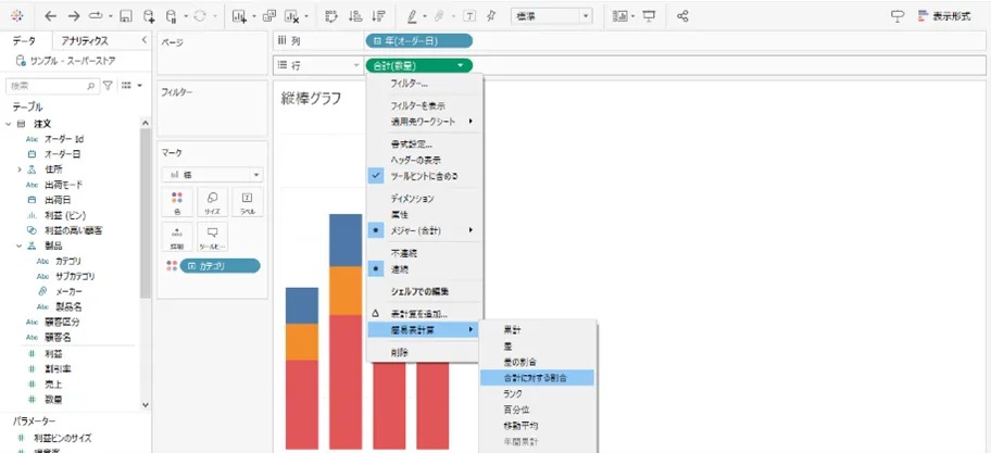 縦軸の値を［合計に対する割合］に変更