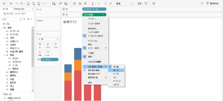 列内での割合を出す必要があるため、［表（下）］を選択