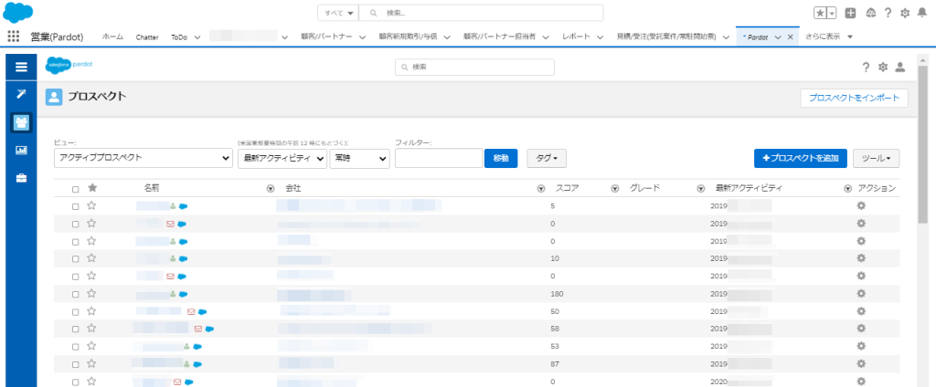Pardotのプロスペクトの一覧画面