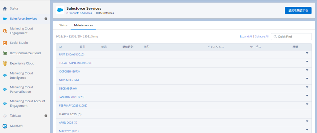 メンテナンス状況確認画面